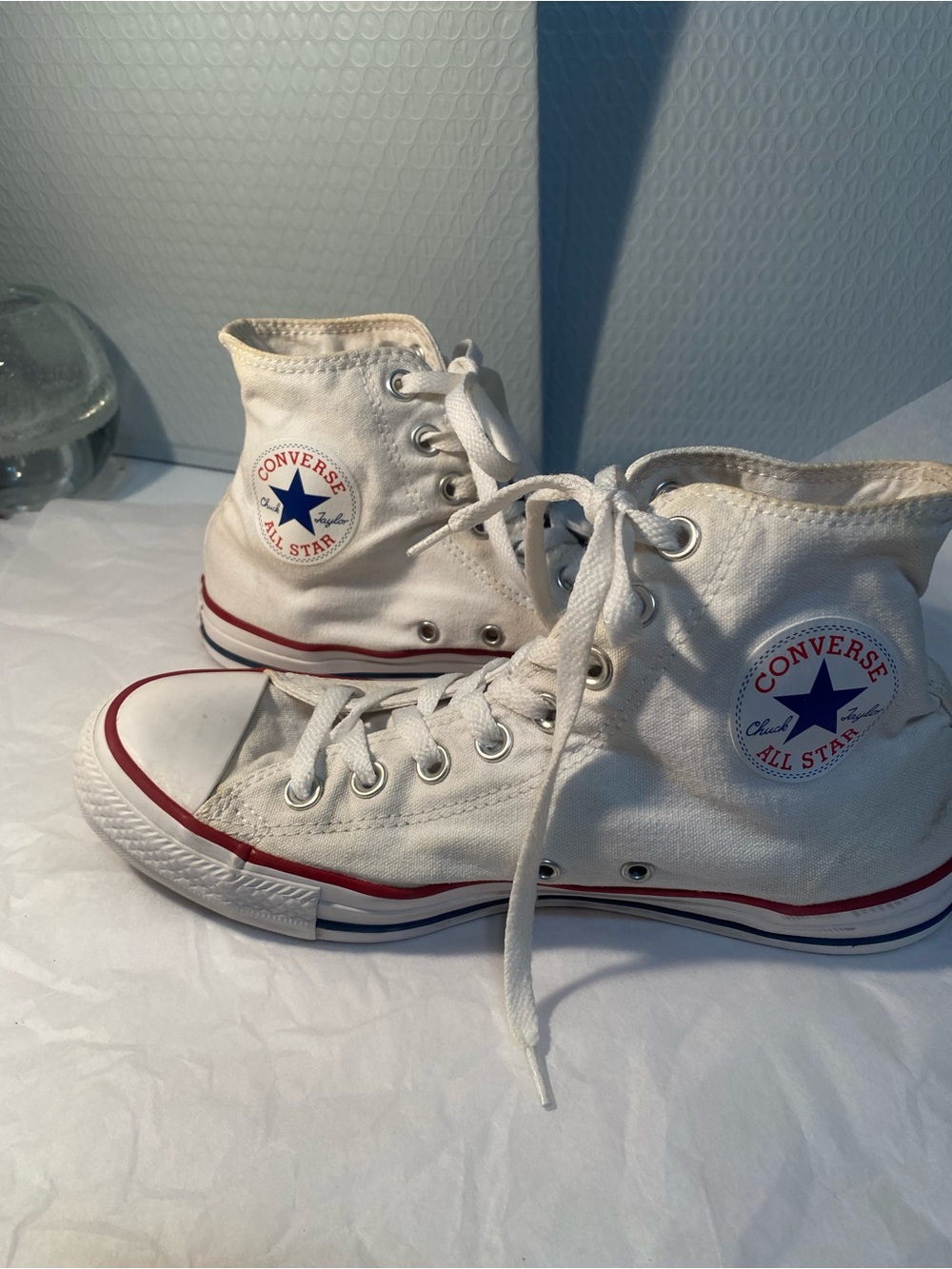Converse White High Top Sneakers with Red & Blue Accents